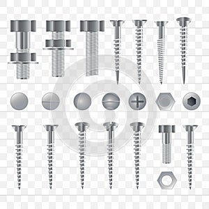Set of 3d realistic metal screws, stainless steel bolts, nuts, rivets and nails isolated on a transparent background.